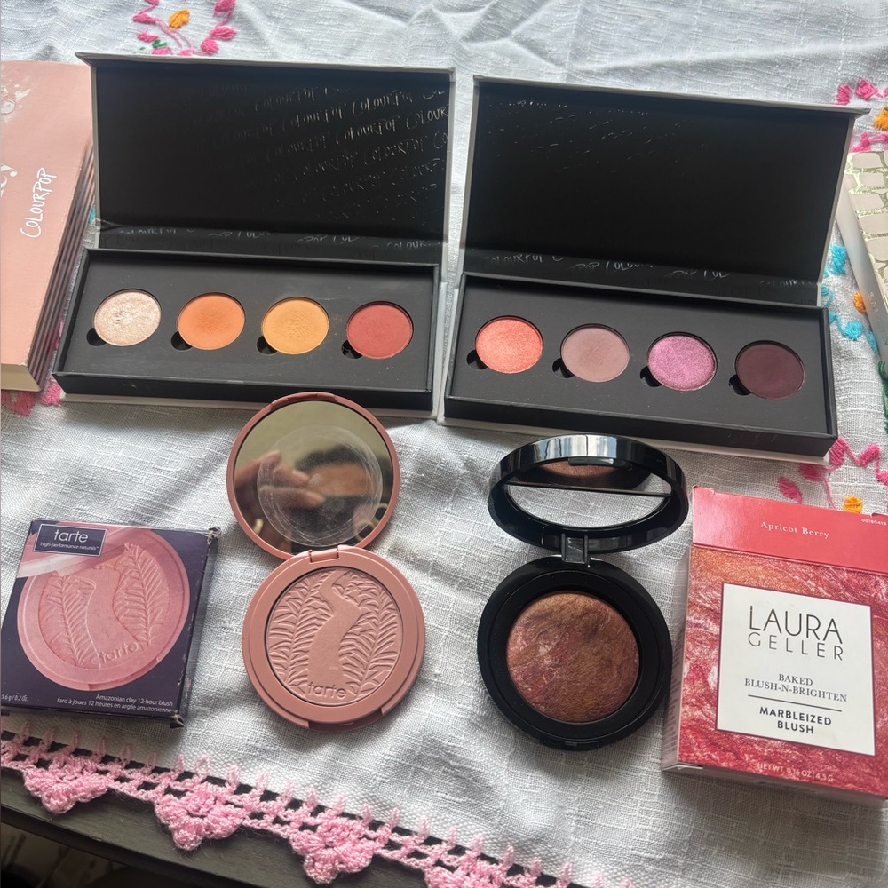 1- Laura Geller baked blush, 2-eye powder colourpop palettes and  1- Tarte blush